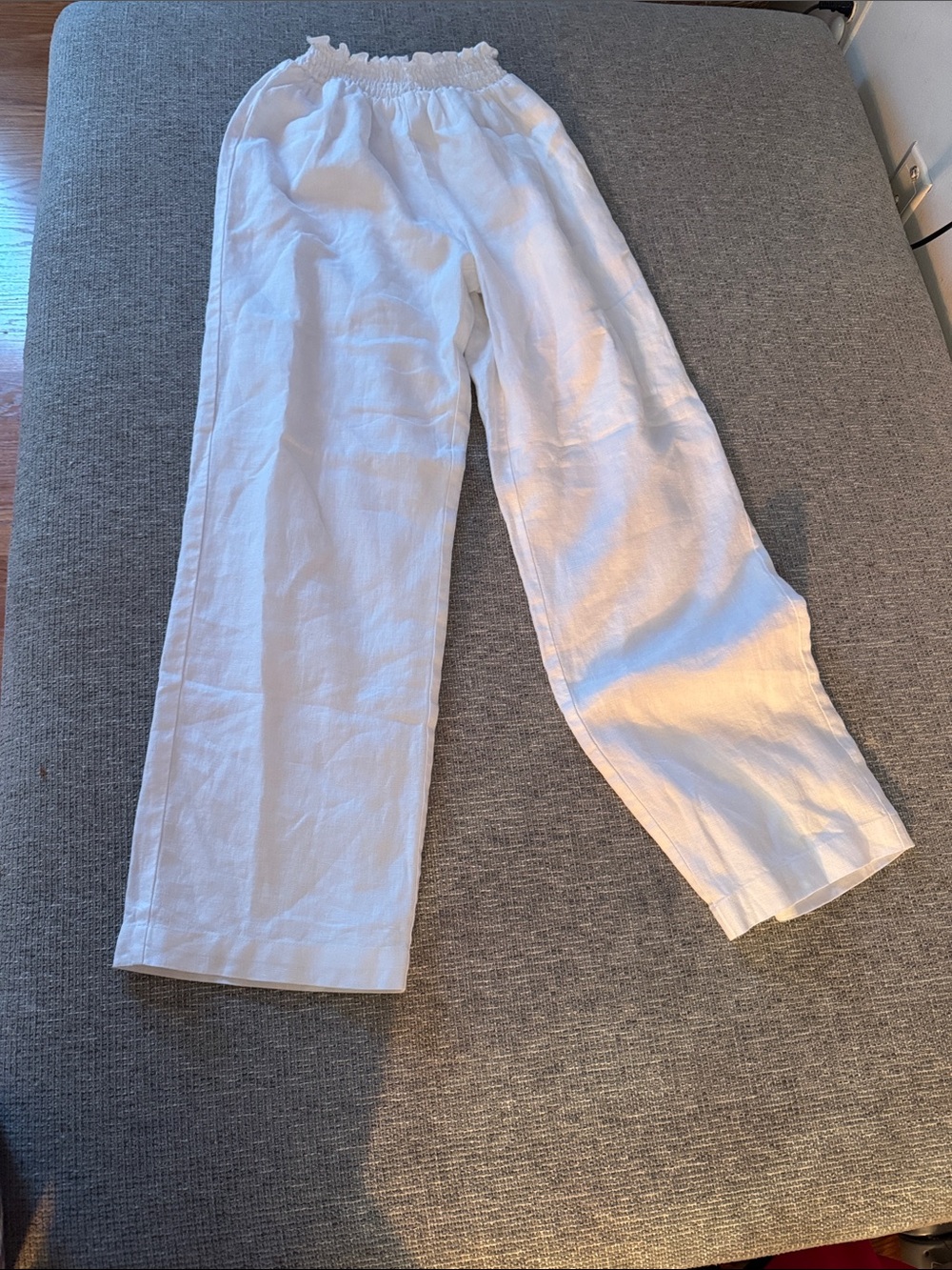 Reformation White Ruffled Smocked Waist linen pants